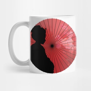 Vintage comic japanese flag with geisha girl, sakura flower, umbrella Mug